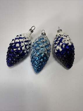 Antique Blown Glass German cobalt, blue /white pine cones X3 Christmas Ornament
